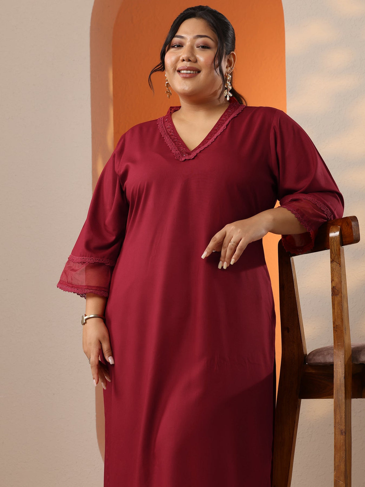 Plus Size Maroon Embellished Rayon Co-Ord Sets CO87