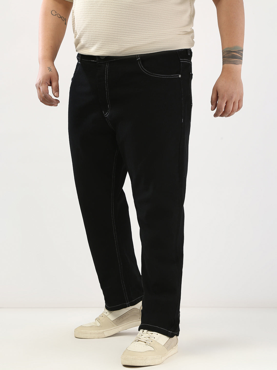 Plus Men's Black Straight Fit Washed Jeans Stretchable