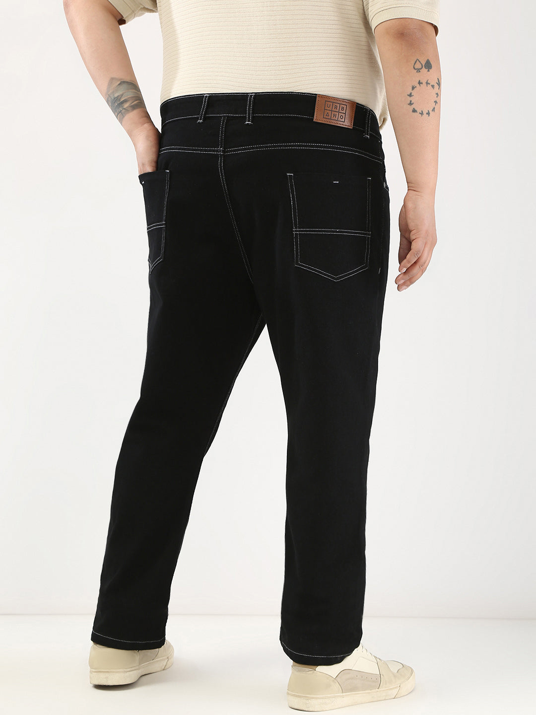 Plus Men's Black Straight Fit Washed Jeans Stretchable