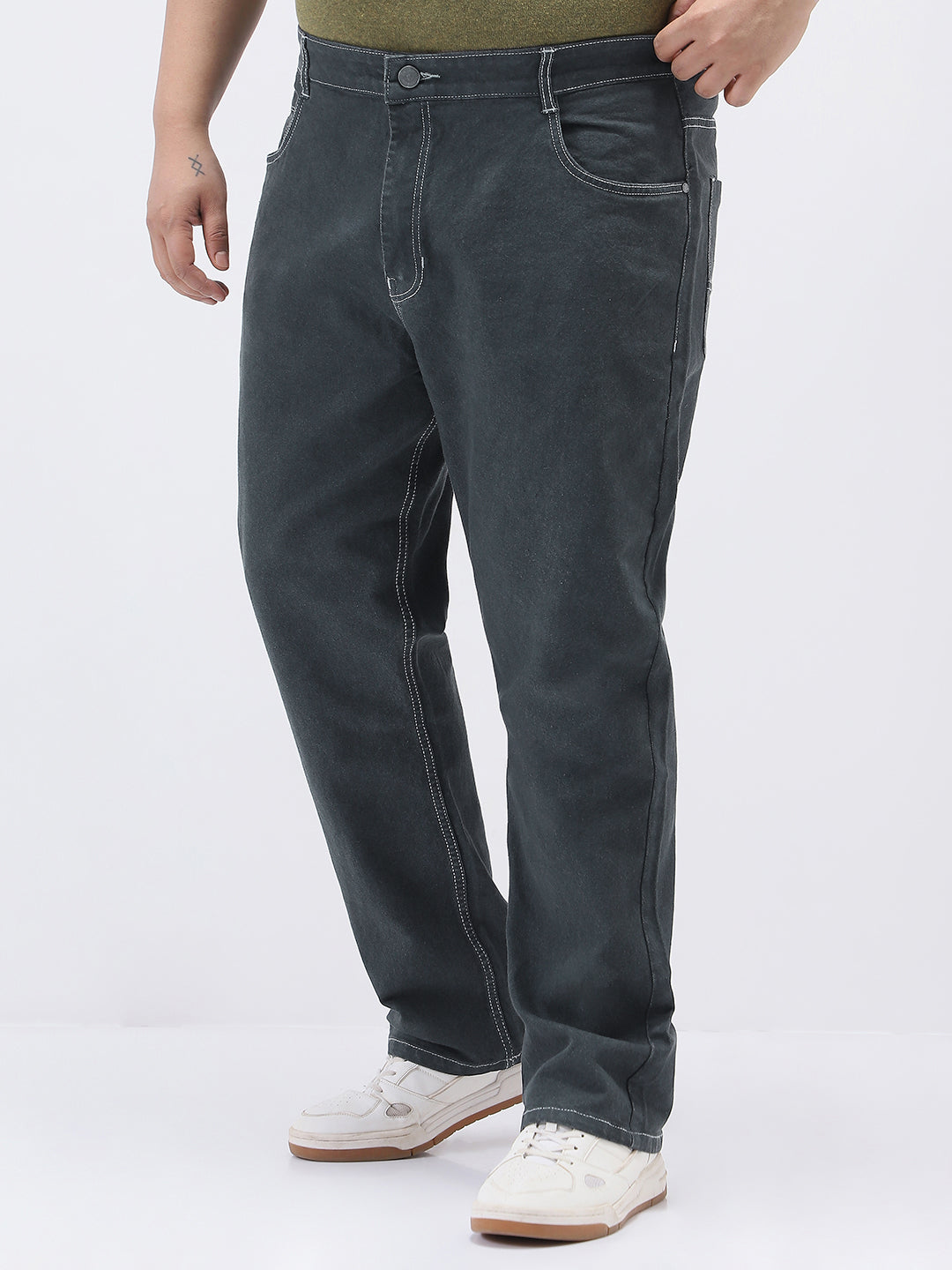 Plus Men's Dark Grey Straight Fit Washed Jeans Stretchable