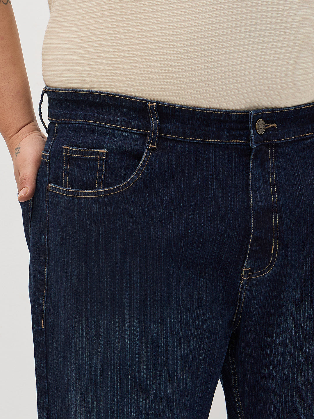 Plus Men's Dark Blue Straight Fit Washed Denim Jeans Stretchable