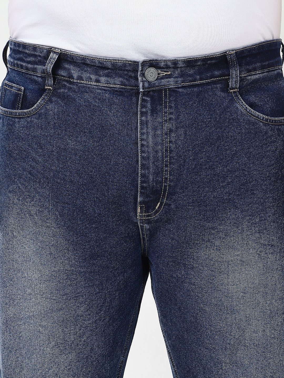 Plus Men's Dark Blue Straight Fit Washed Jeans Stretchable