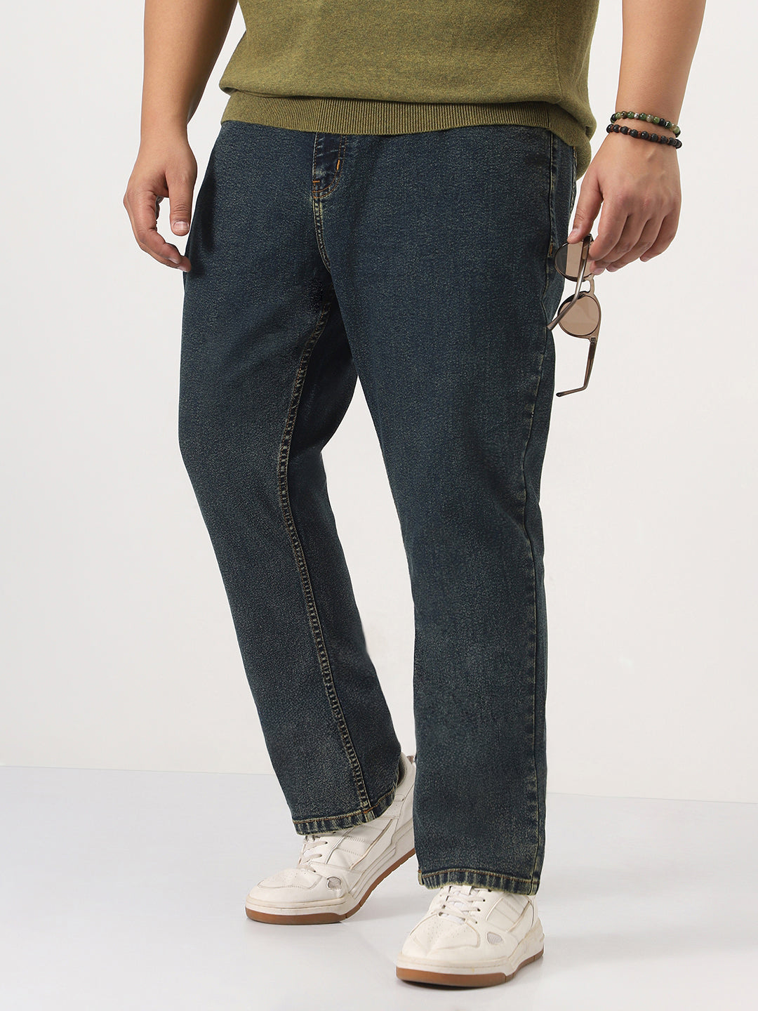 Plus Men's Blue Straight Fit Heavy Washed Jeans Stretchable