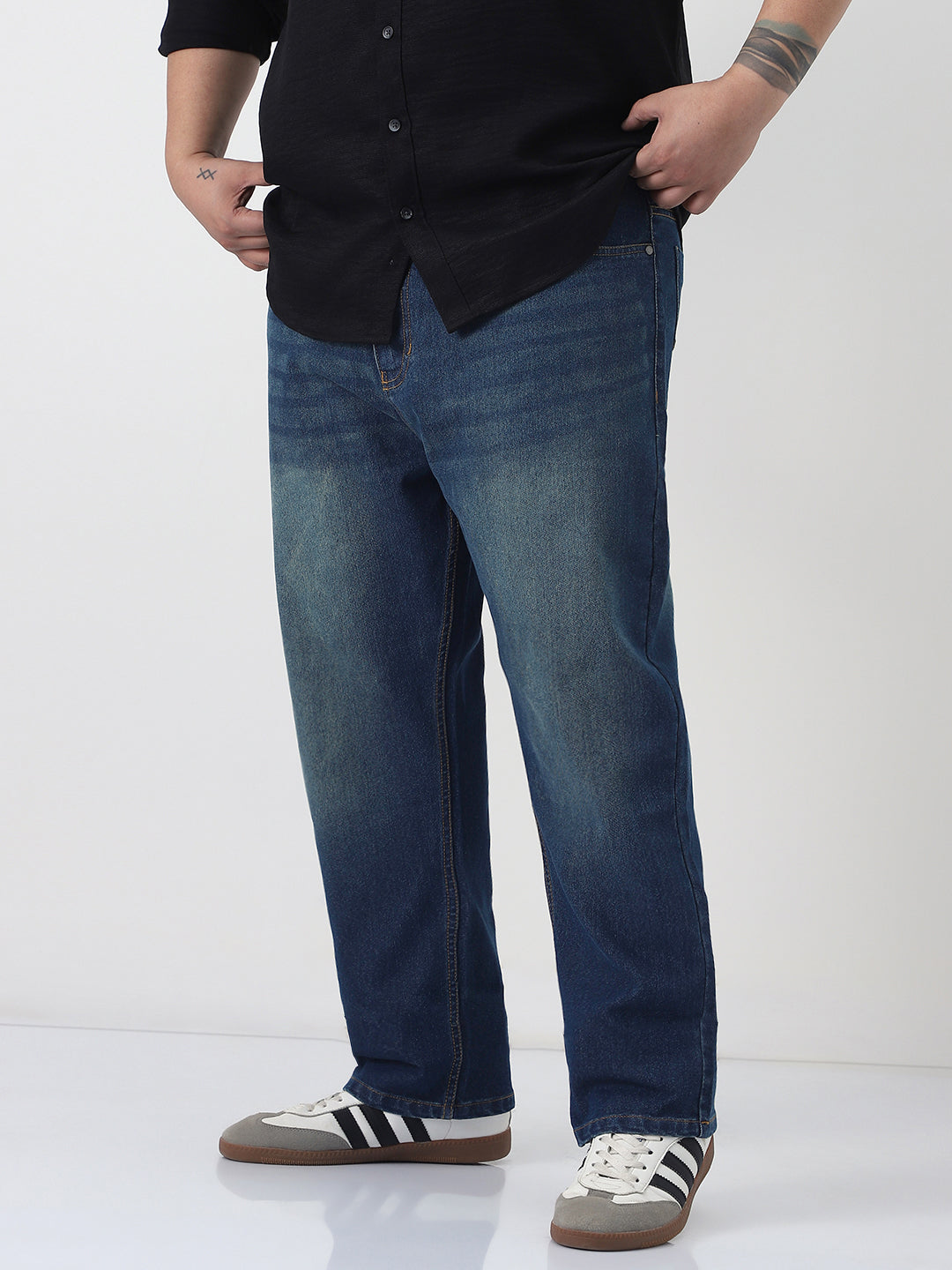 Plus Men's Blue Straight Fit Heavy Washed Jeans Stretchable