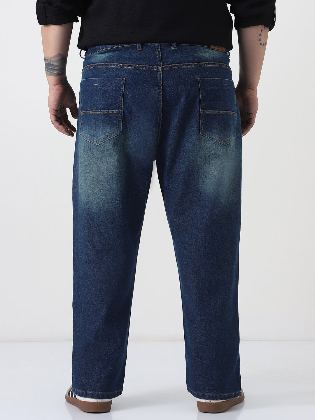 Plus Men's Blue Straight Fit Heavy Washed Jeans Stretchable