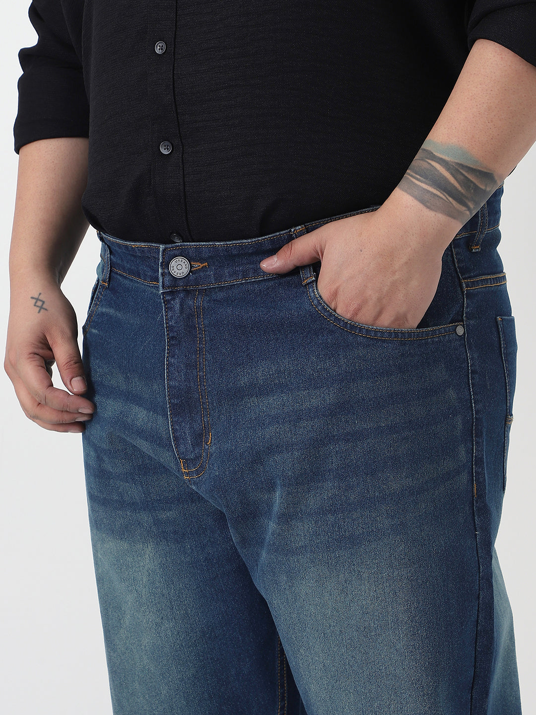 Plus Men's Blue Straight Fit Heavy Washed Jeans Stretchable