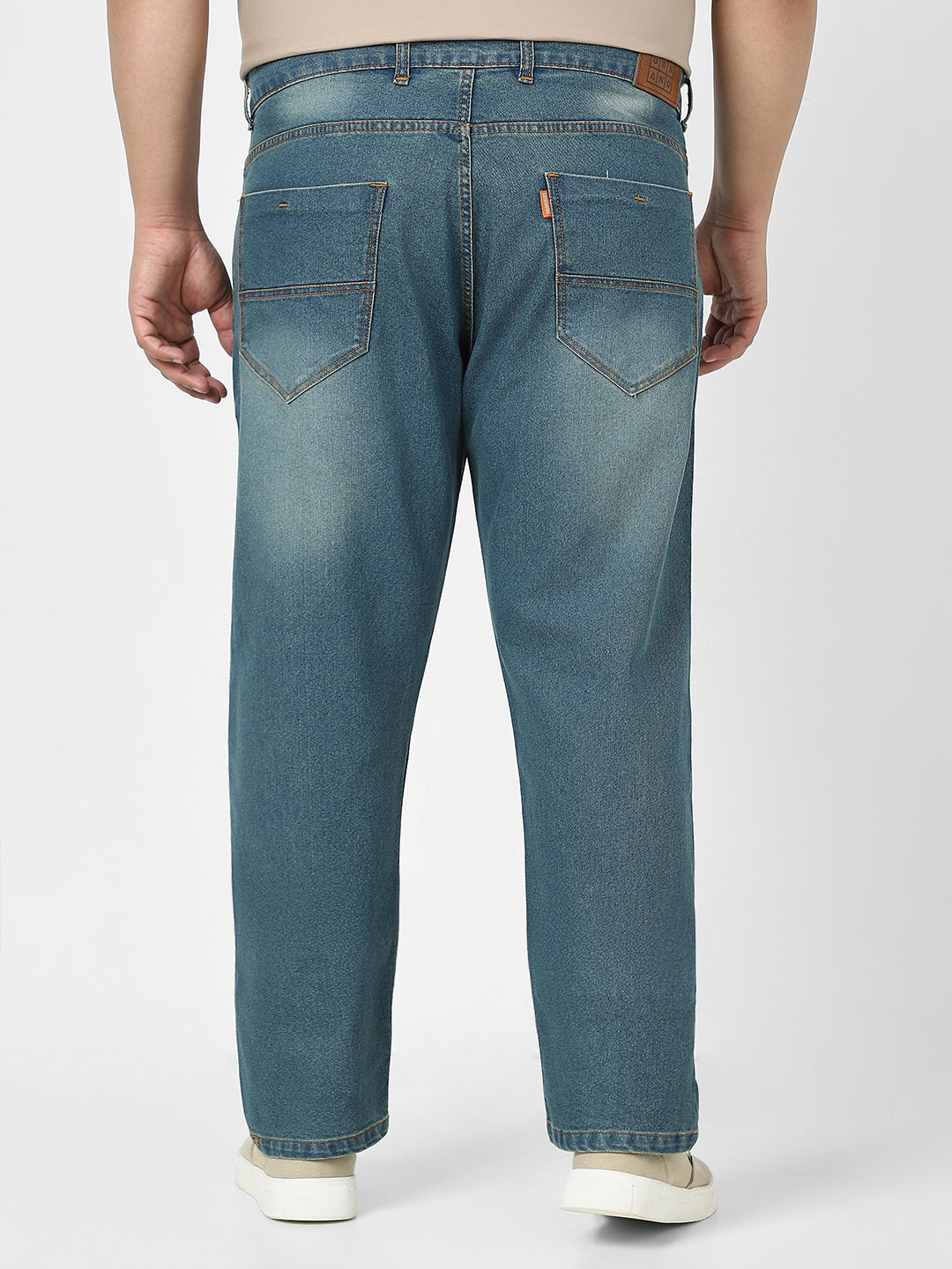 Plus Men's Light Blue Straight Fit Washed Jeans Stretchable