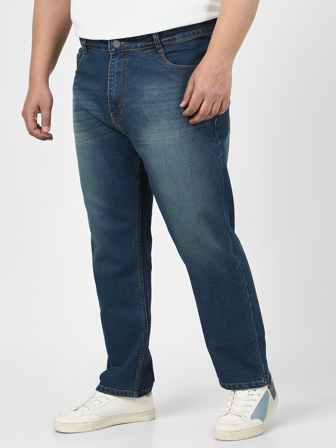 Plus Men's Blue Straight Fit Washed Jeans Stretchable