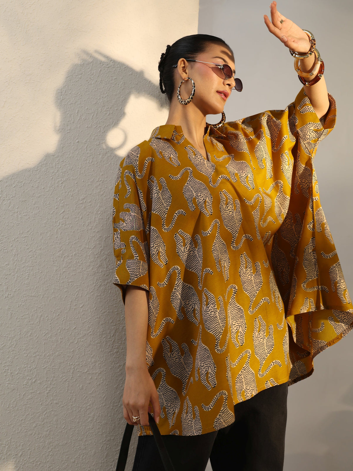 Gerua Power Move Mustard Quirky Printed Cotton Blend Shirt