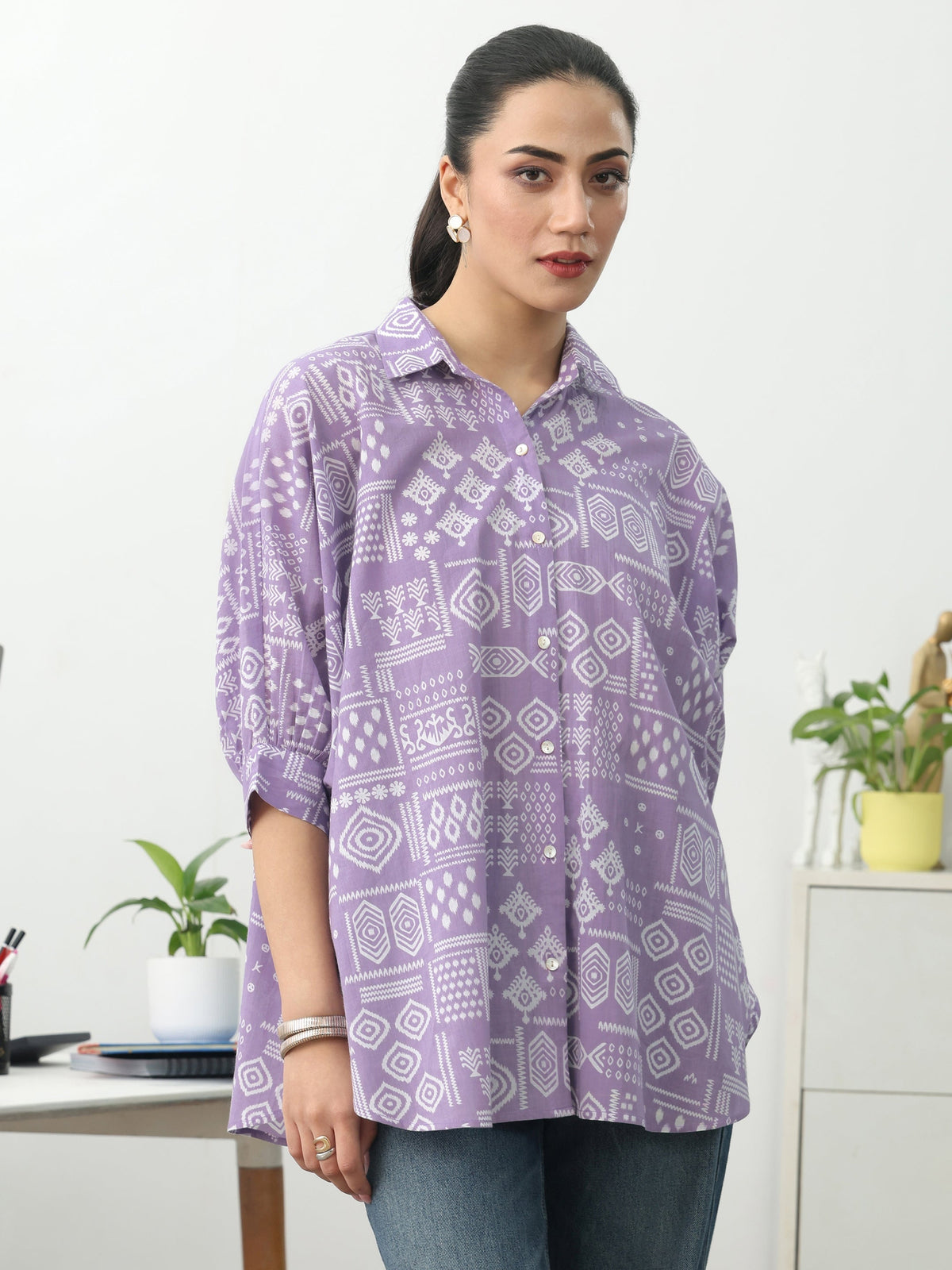 Gerua Purple Ethnic Motifs Printed Cotton Blend Shirt
