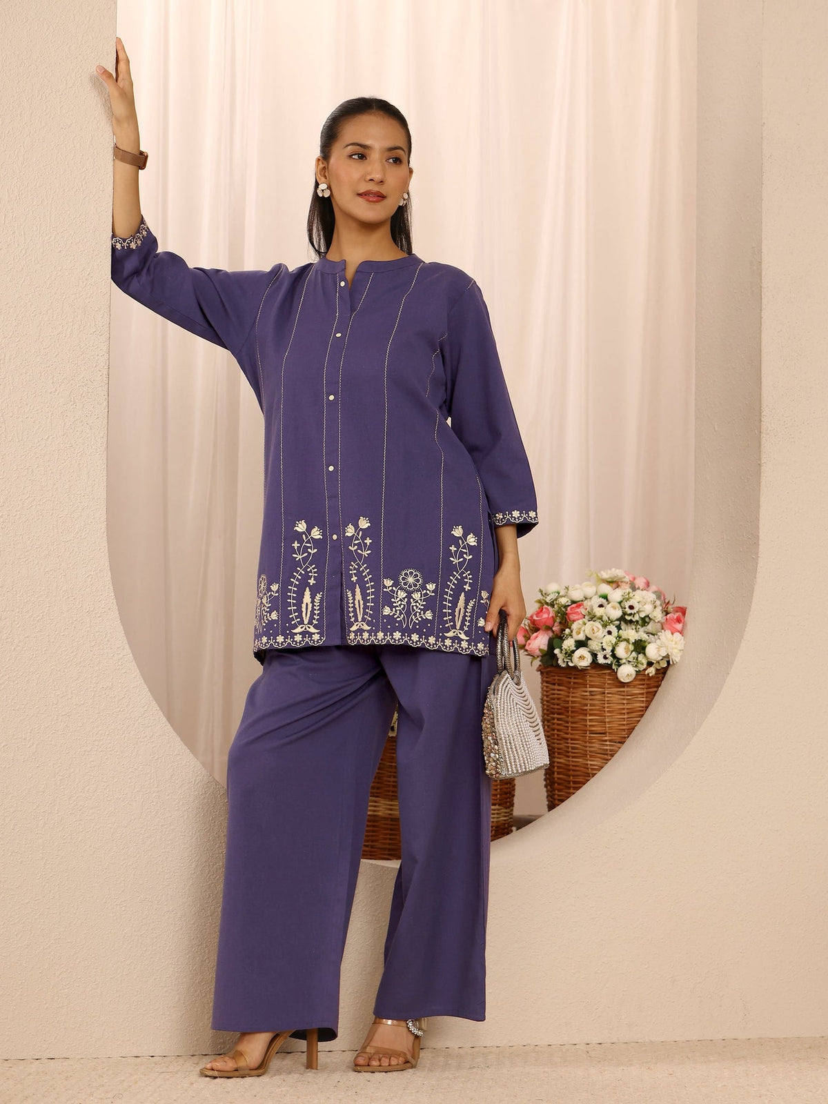 Libas Purple Floral Embroidered Cotton Blend Co-Ord Set CO87