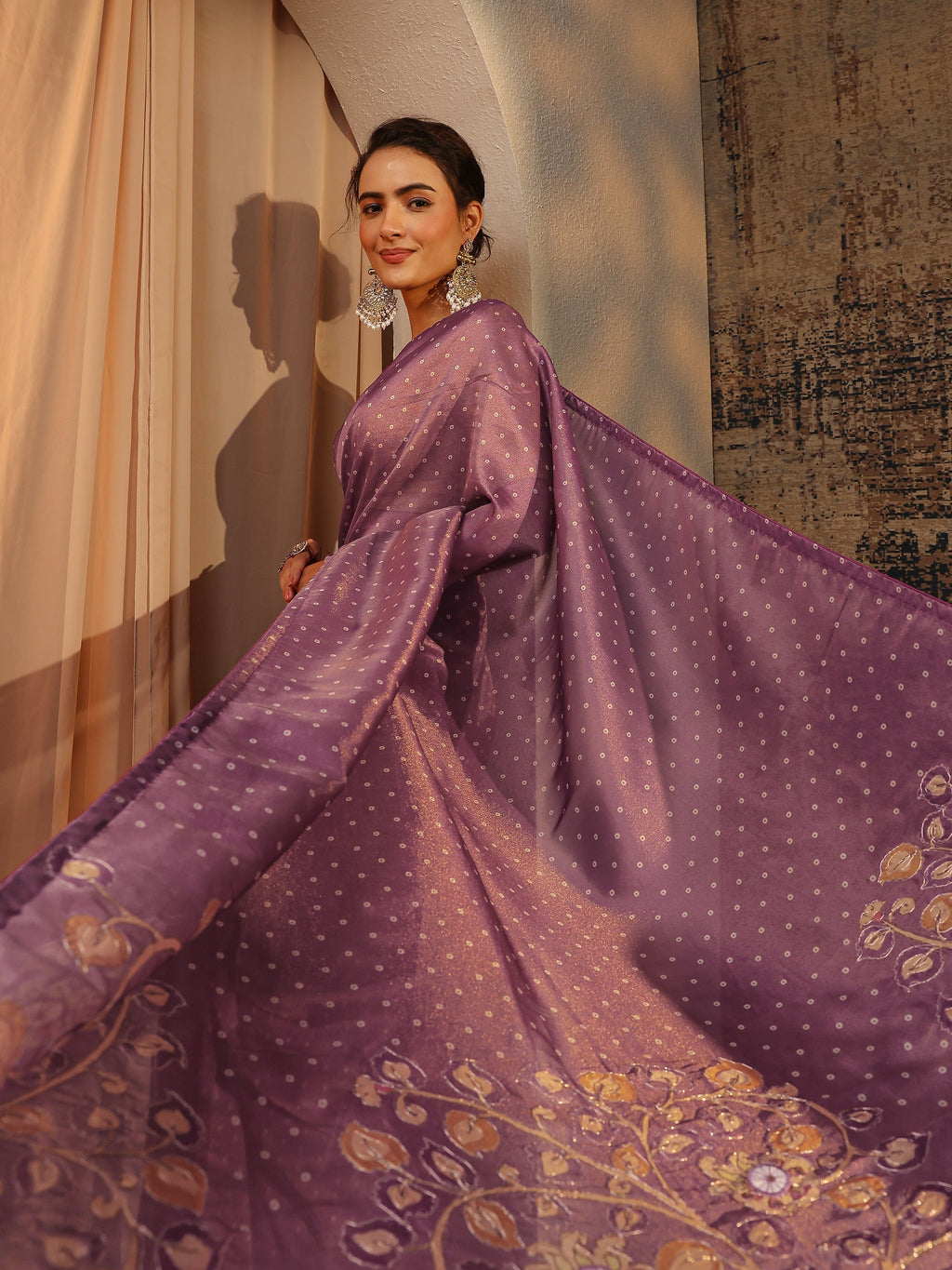 Libas Purple Floral Embroidered Tissue Saree With Unstitched Blouse Piece