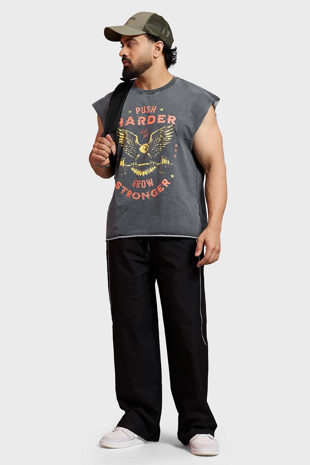 Push Harder Washed Capsleeves Tank Dark Grey