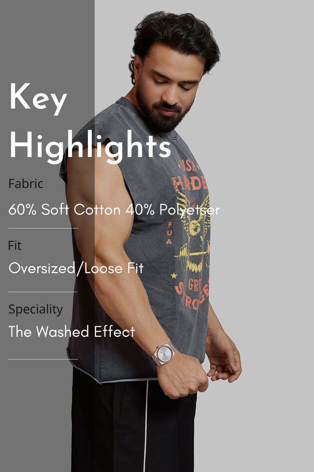 Push Harder Washed Capsleeves Tank Dark Grey