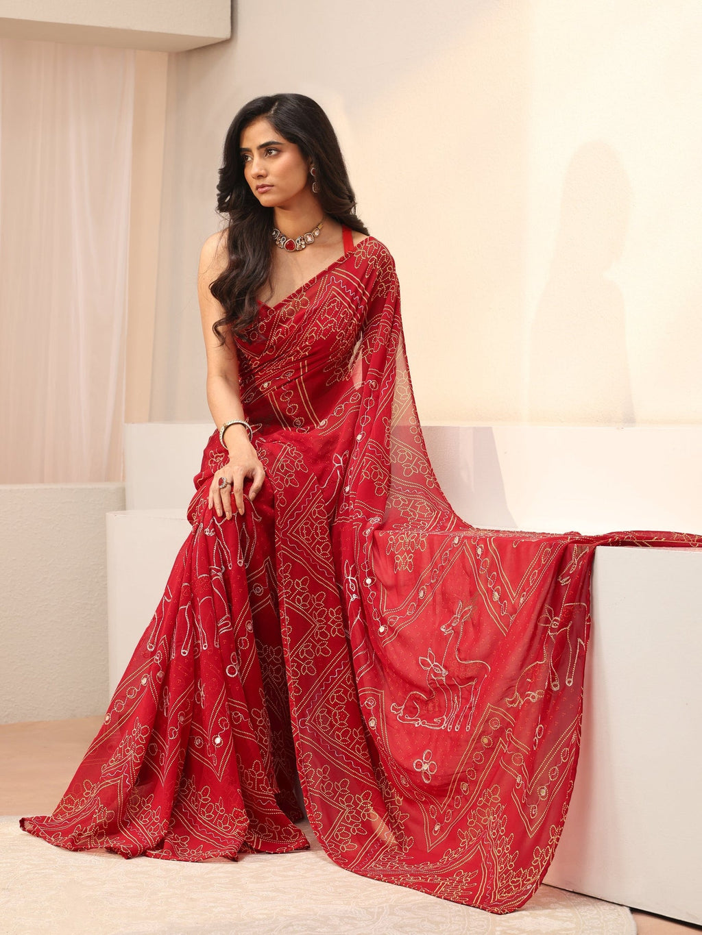 Libas Red Bandhani Printed Georgette Saree S45