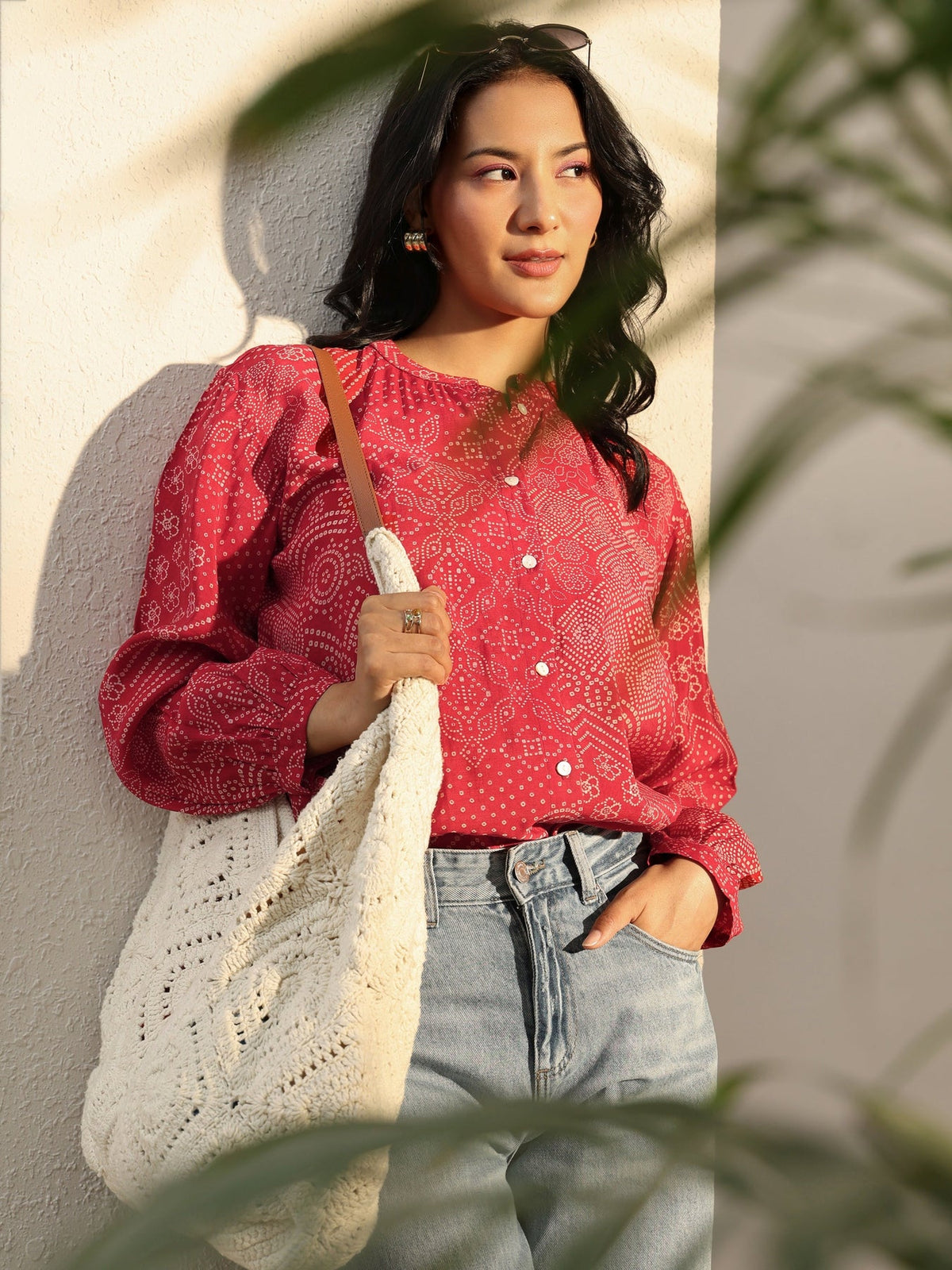 Libas Red Bandhani Printed Silk Blend Shirt K60