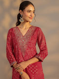 Libas Red Bandhani Printed Silk Blend Straight Kurta