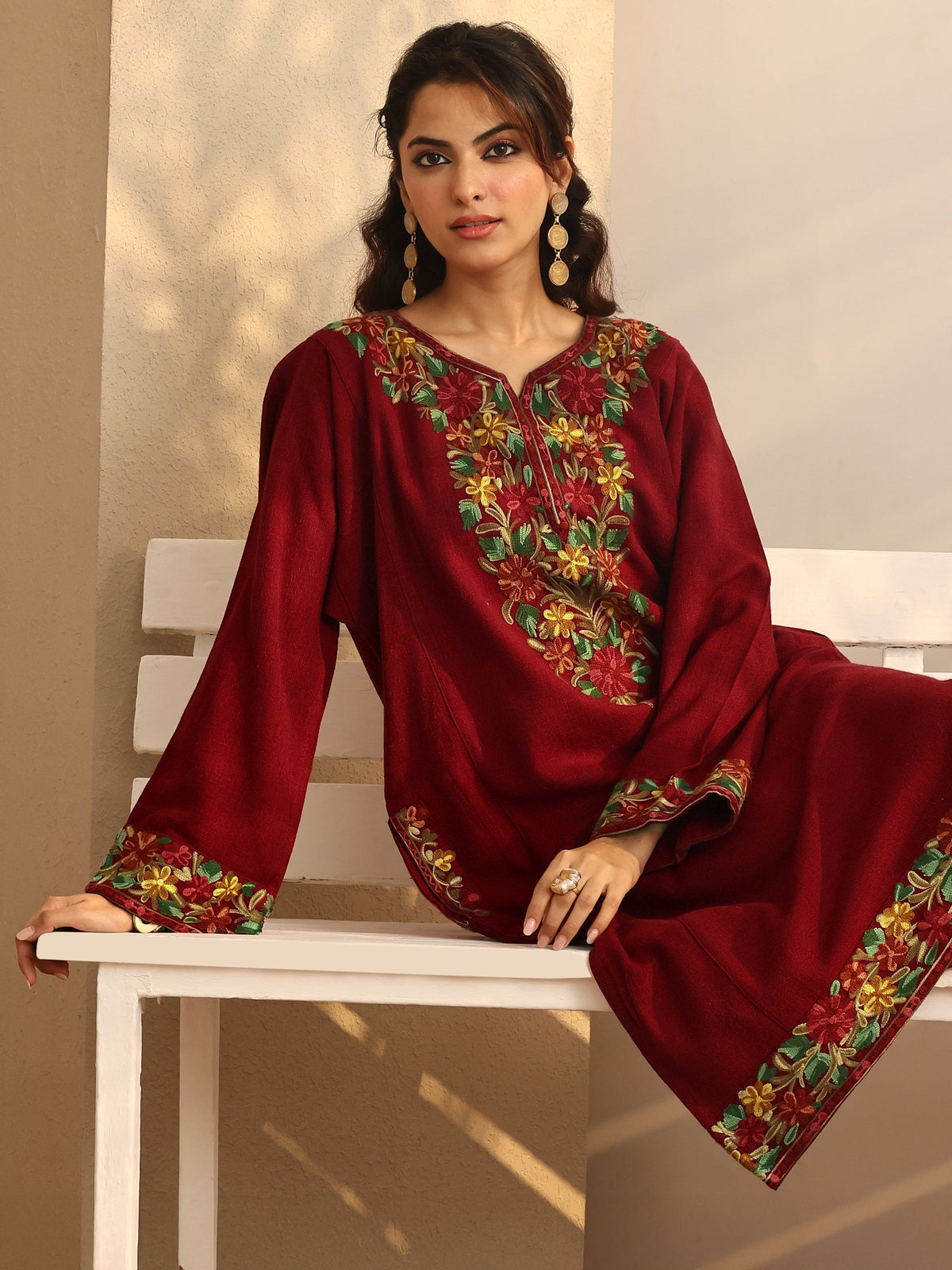Libas Red Embroidered Wool Straight Kurta