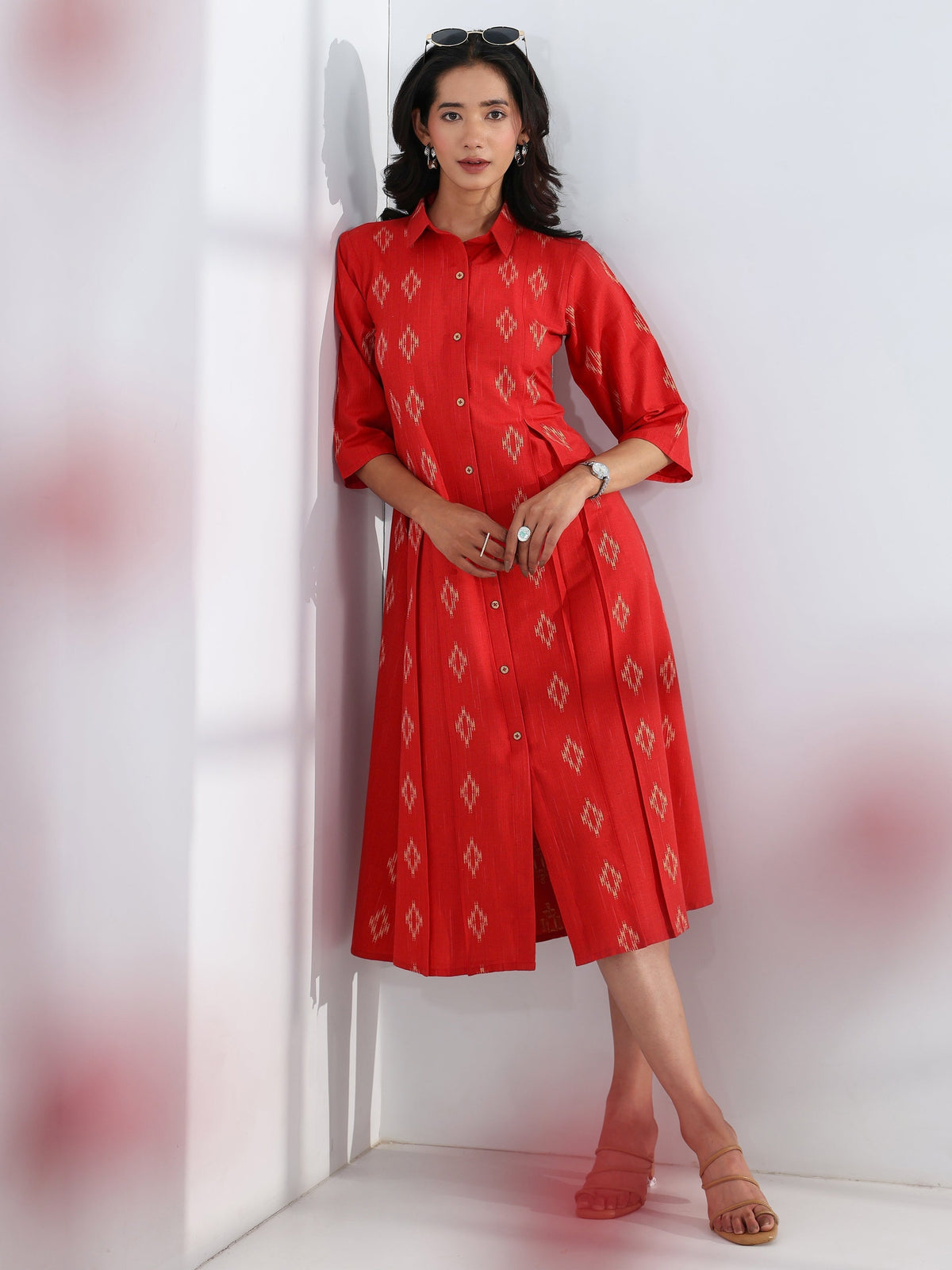 Gerua Red Ethnic Motif Woven Design Cotton Blend A-Line One Piece Dress