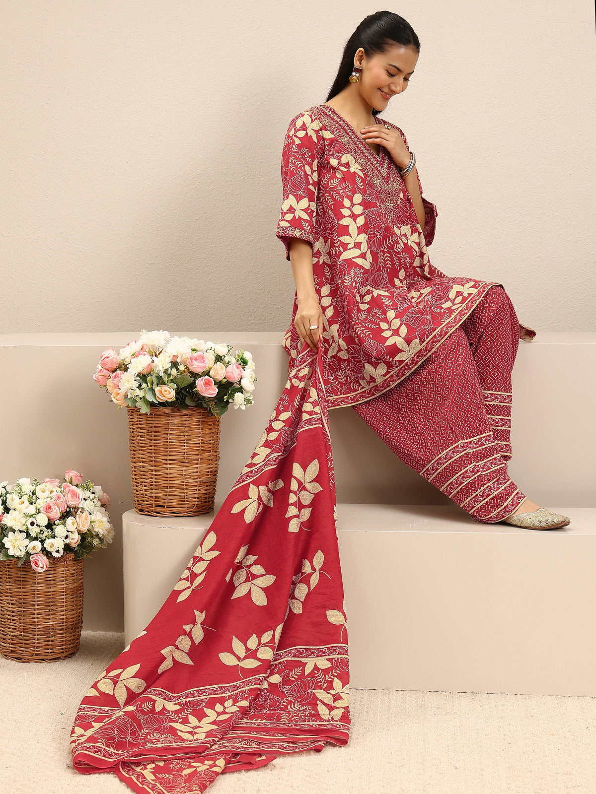 Libas Red Floral Printed Cotton Farshi Salwar Suit Set