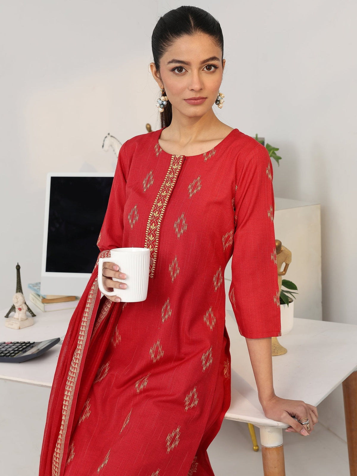 Gerua Red Geometric Woven Design Straight Suit Set With Dupatta KS67