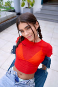 Red Mesh Half Sleeves Crop Top CT98