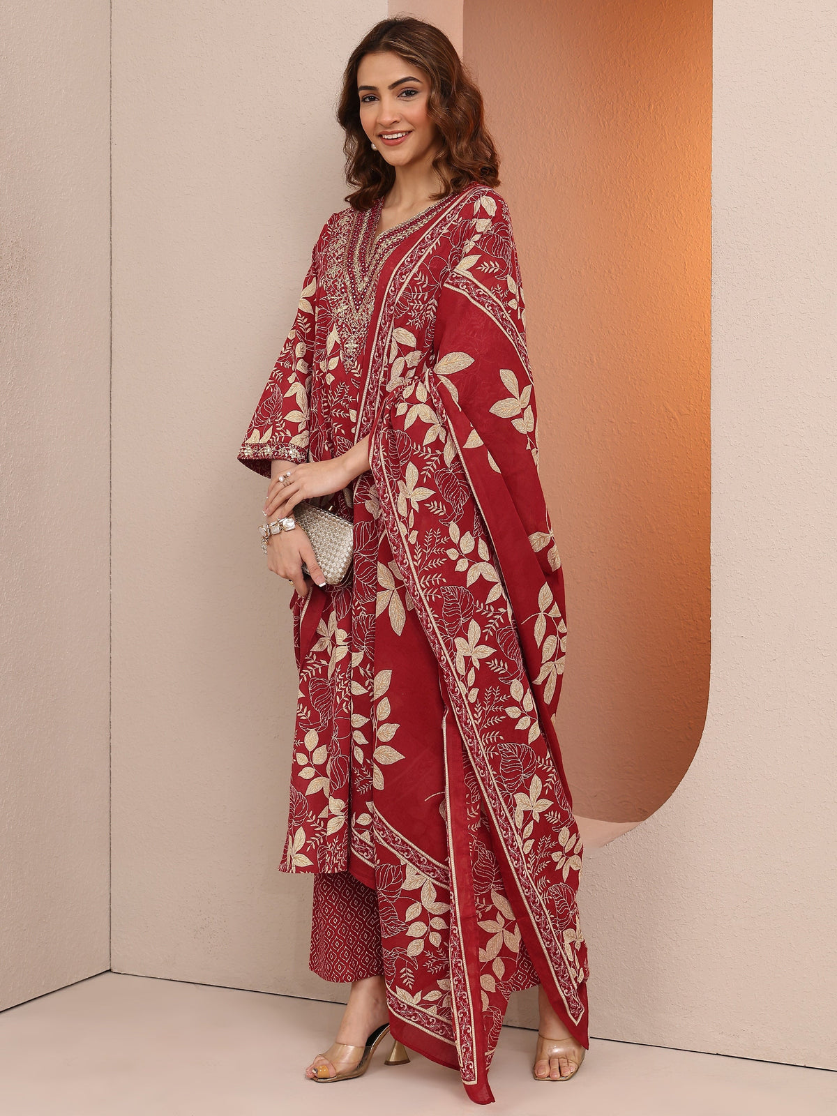Libas Red Printed Cotton Straight Suit Set With Dupatta