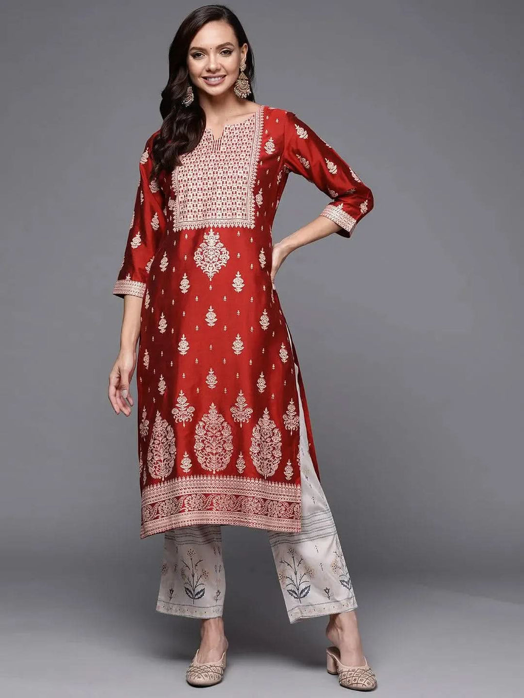Gerua Red Printed Silk Straight Kurta