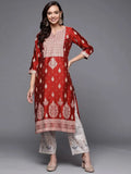 Gerua Red Printed Silk Straight Kurta