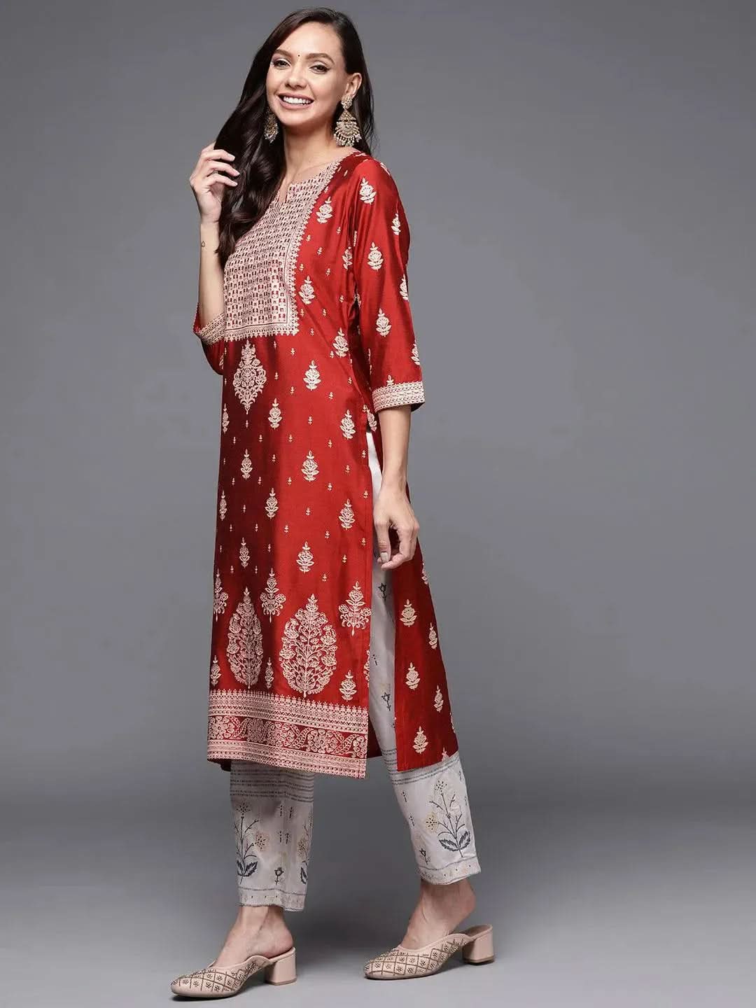 Gerua Red Printed Silk Straight Kurta