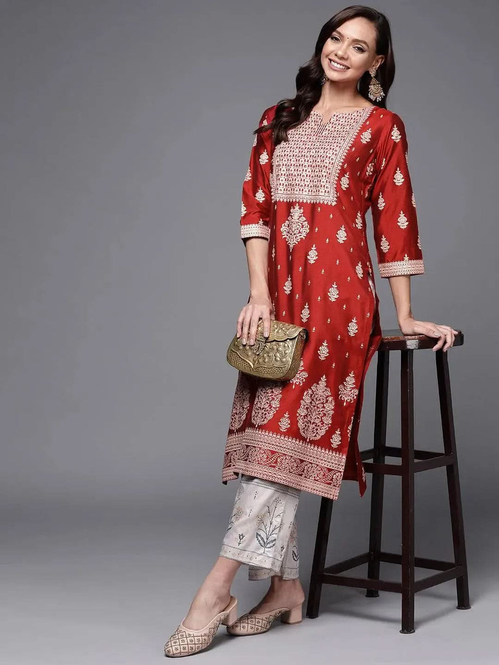 Gerua Red Printed Silk Straight Kurta