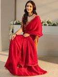 Libas Red Solid Chiffon Saree With Unstitched Blouse Piece S45