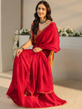 Libas Red Solid Chiffon Saree With Unstitched Blouse Piece