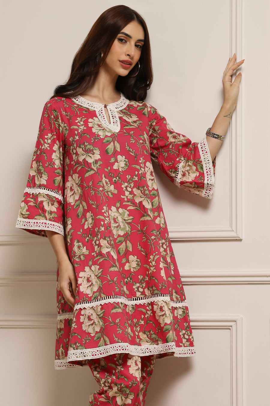 Pink Cotton Floral Straight Co-ord Set K60