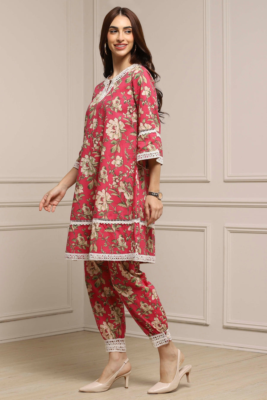 Pink Cotton Floral Straight Co-ord Set K60