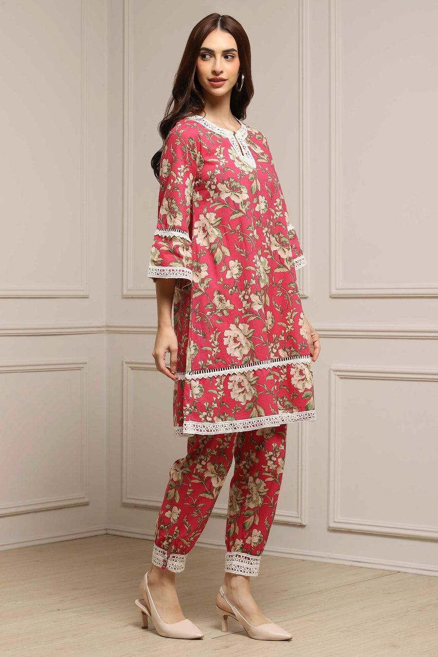 Pink Cotton Floral Straight Co-ord Set K60