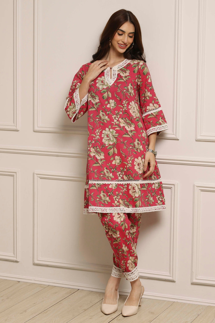 Pink Cotton Floral Straight Co-ord Set K60
