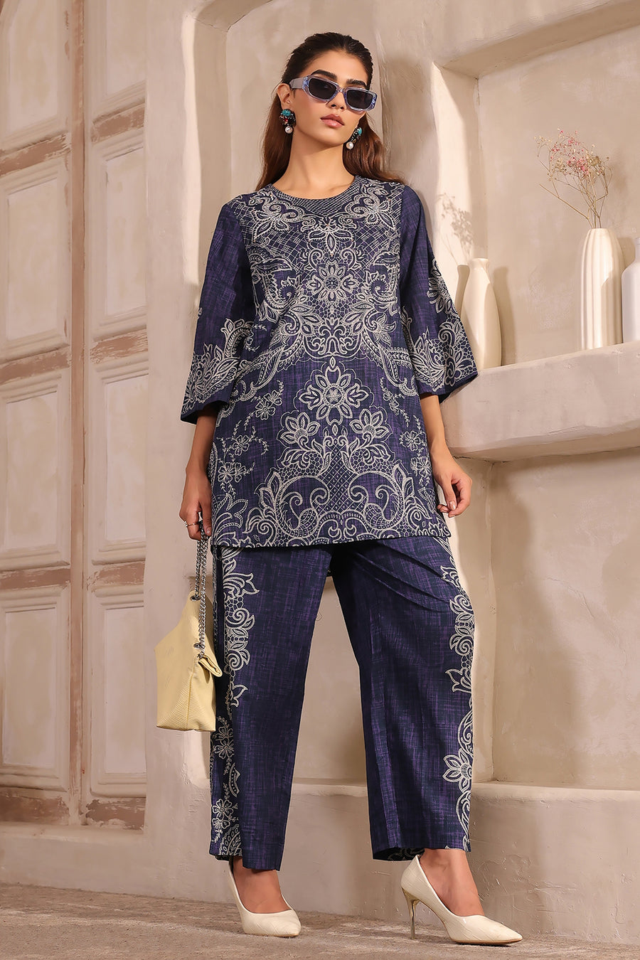 Blue Cotton floral Printed Straight Kurta Set CO87