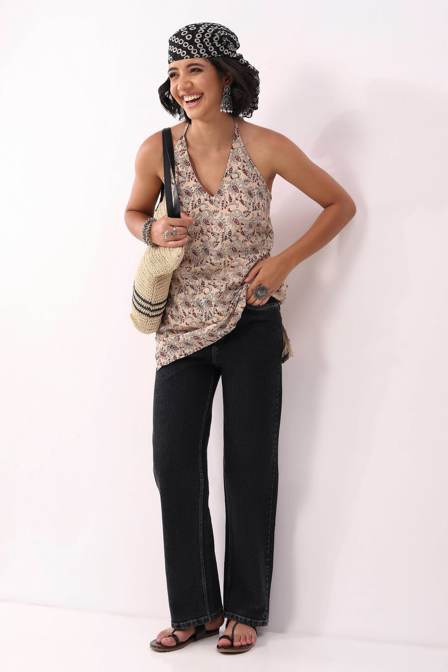 Beige Cotton All-Over Floral Tie-Up Back Kurti K60