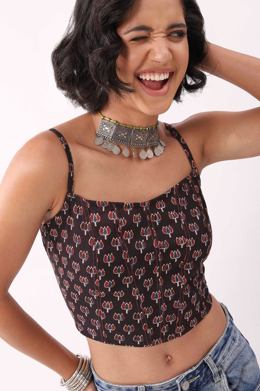 Black & Blue Cotton Floral Tie-Up Back Crop Top K60