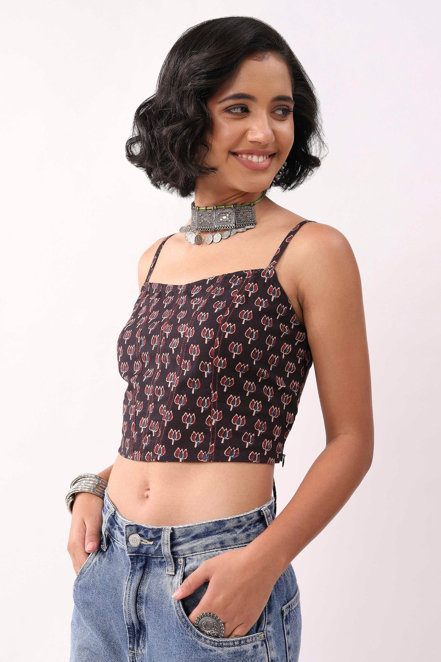 Black & Blue Cotton Floral Tie-Up Back Crop Top K60