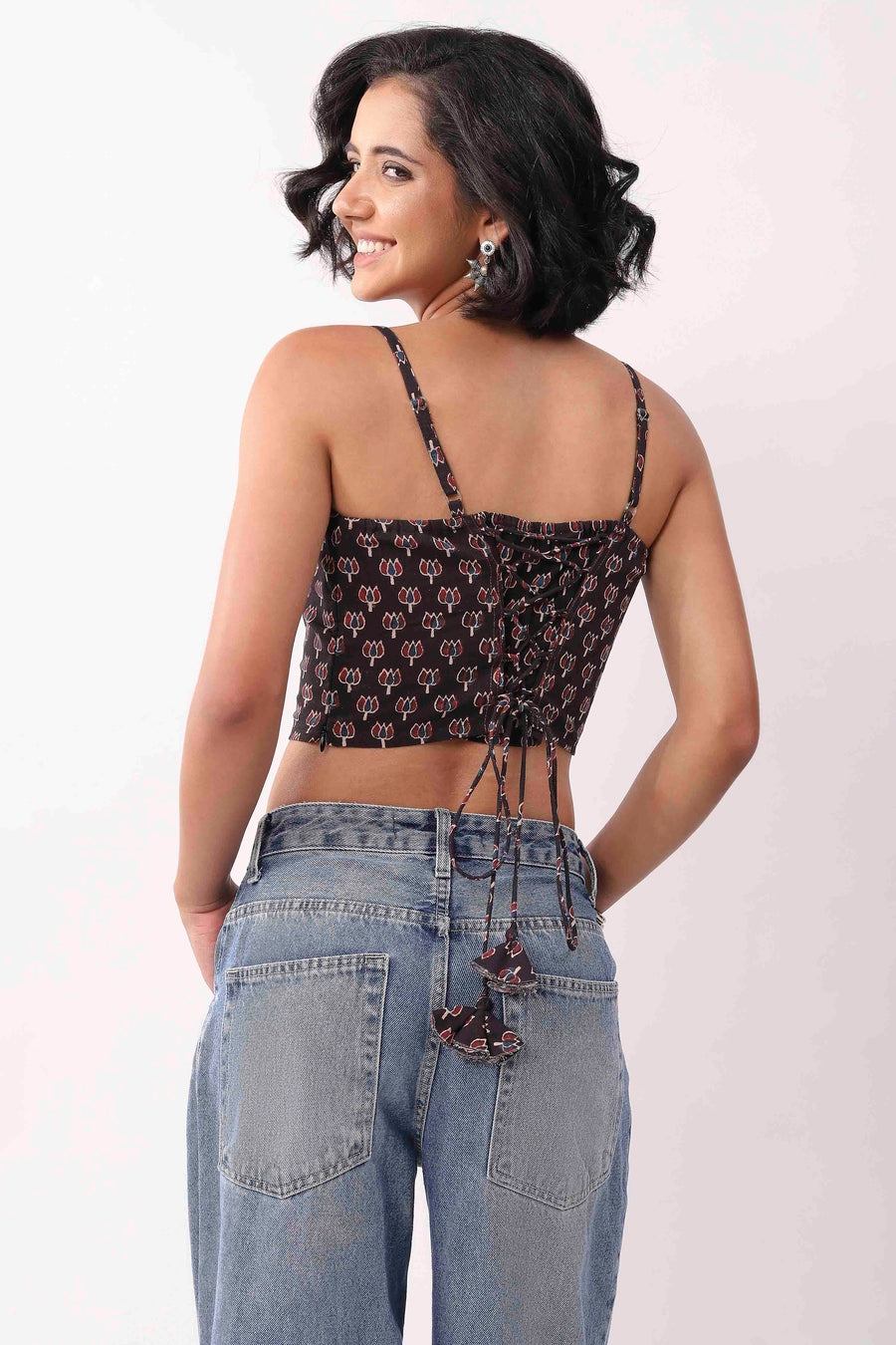 Black & Blue Cotton Floral Tie-Up Back Crop Top K60
