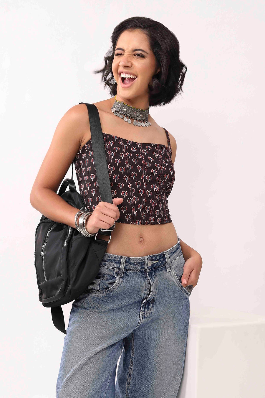 Black & Blue Cotton Floral Tie-Up Back Crop Top K60