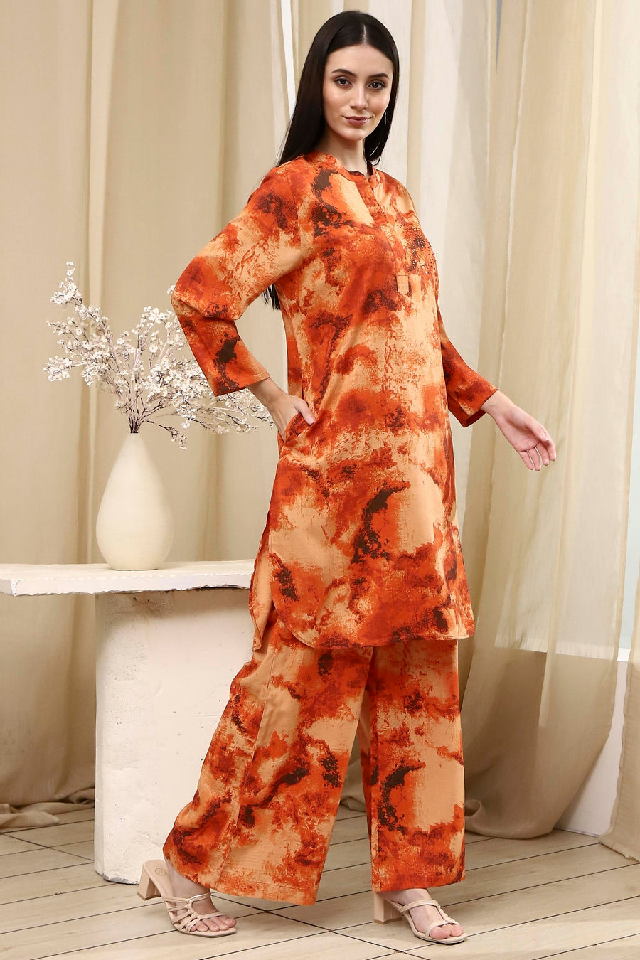 Orange Printed Straight Co-ord Set CO87