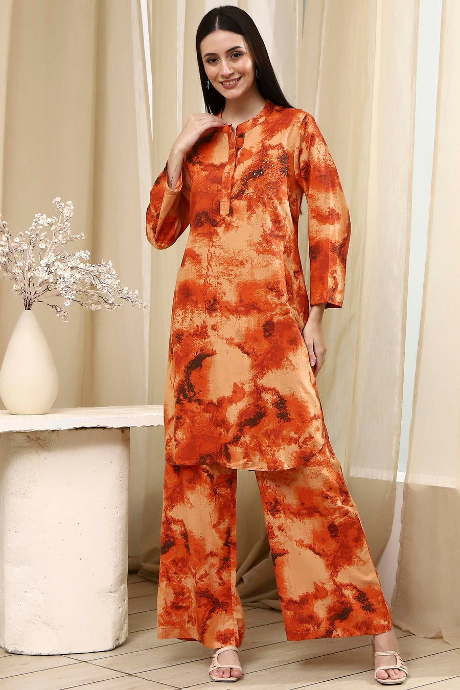 Orange Printed Straight Co-ord Set CO87