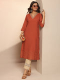 Libas Rust Embellished Chanderi Cotton Straight Kurta