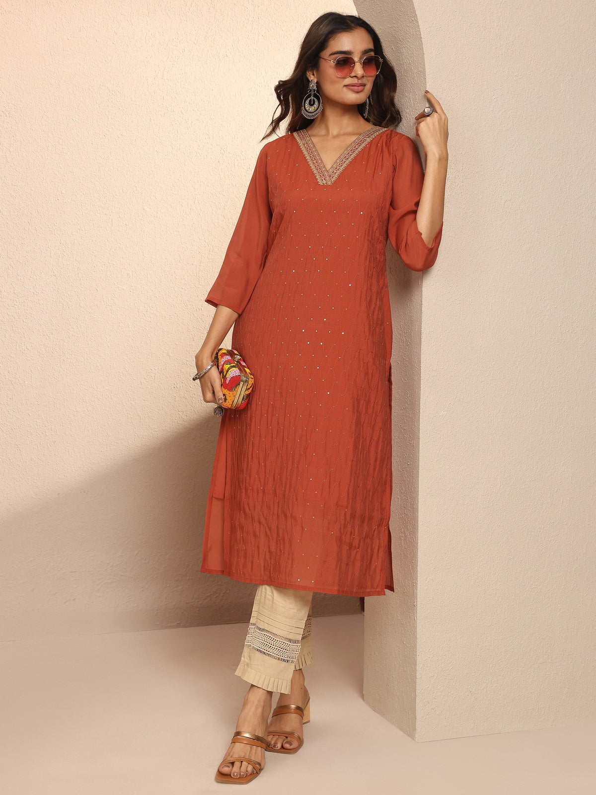 Libas Rust Embellished Chanderi Cotton Straight Kurta