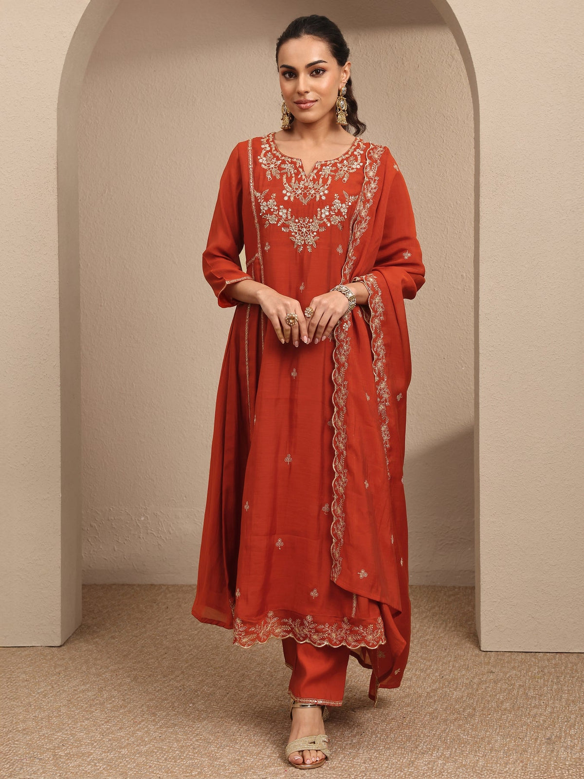 Libas Rust Embroidered Silk Blend A-Line Suit Set With Dupatta KS67
