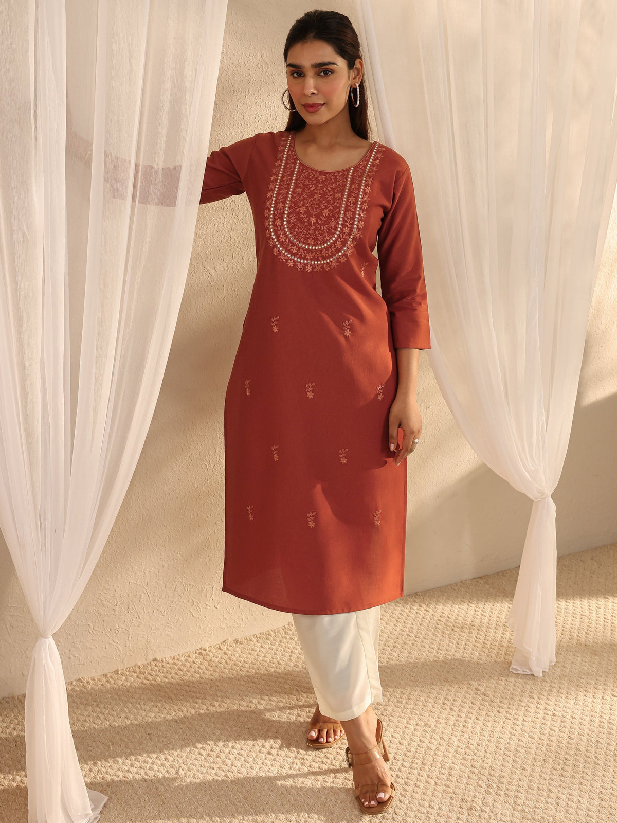 Libas Rust Floral Embroidered Silk Blend Straight Kurta