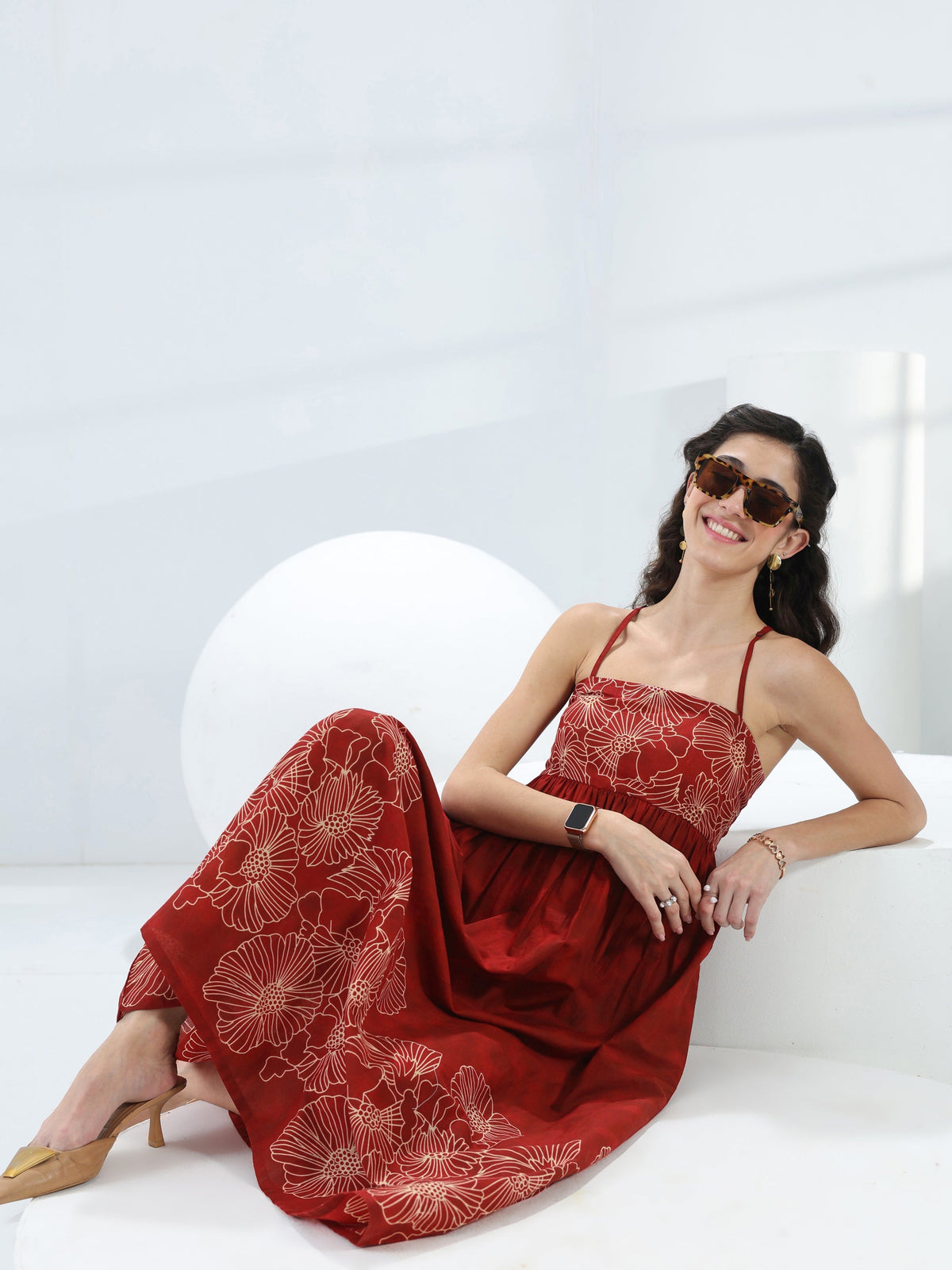Libas Rust Floral Printed Cotton Fit-And-Flare One-Piece Dress